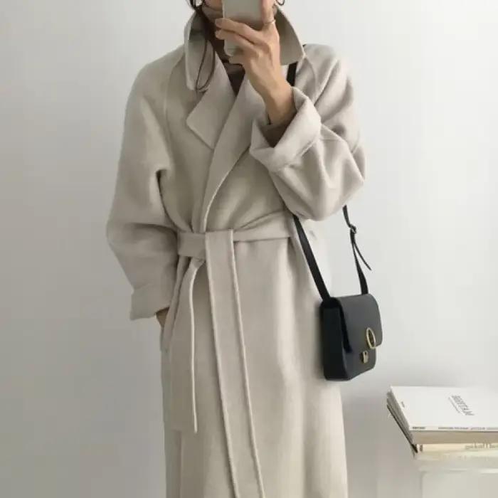 Manteaux longs en laine pour femmes, taille Midi, ceinture à lacets, mélange d'épissure, Cardigan à manches longues, solide, épais, chaud, vestes droites pour l'hiver