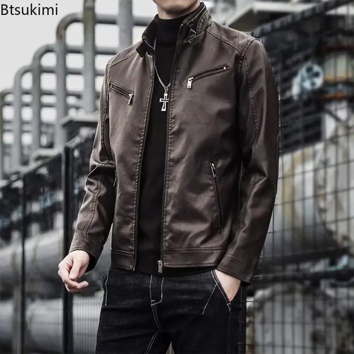 Nouveaux hommes en cuir costume vestes col montant mince Punk manteaux mode moto