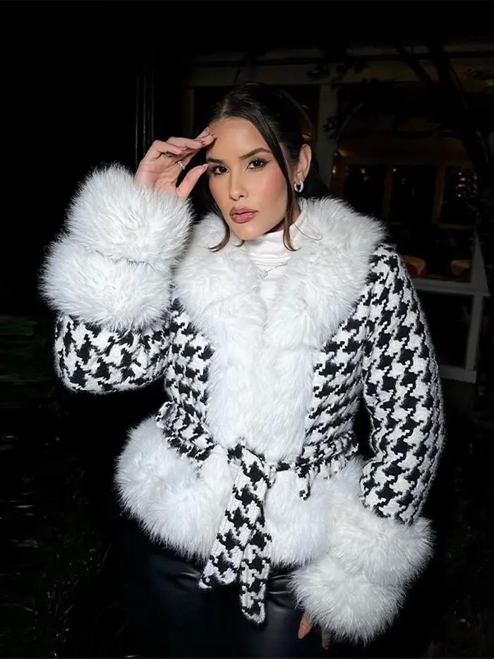 Chaud fausse fourrure imprimé vestes courtes femmes mode à manches longues à lacets avec ceinture manteaux amples 2025