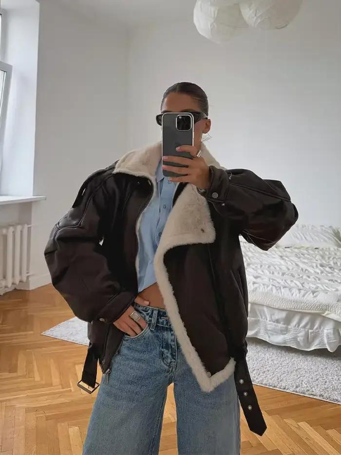 Veste irrégulière en cuir PU marron foncé pour femme