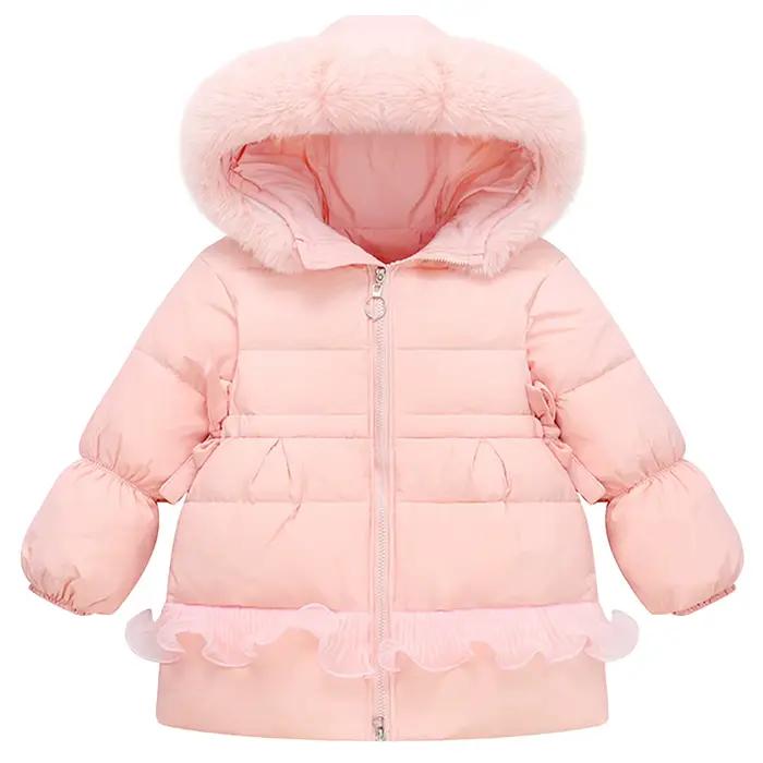 Veste matelassurera à capuche en fourrure pour filles, manteau en coton pour enfants, dentelle à gros nœud, doudoune pour enfants, parka chaude pour tout-petits, optique, hiver