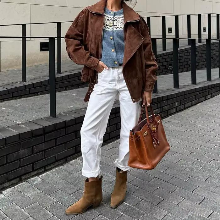 Vestes en cuir suédé à revers Maillard pour femmes