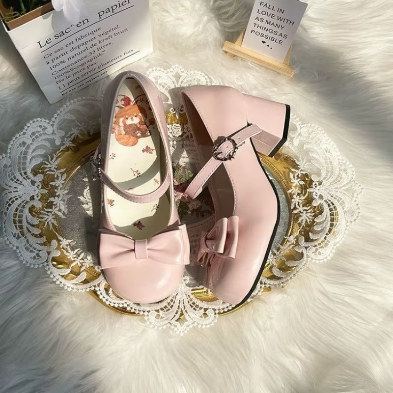 Escarpins Mary Jane en cuir verni Sweet Lolita pour femmes, bout rond, nœud crème, strass, bride à l