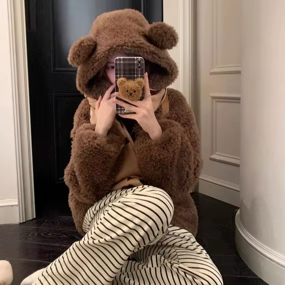Vestes à capuche à oreilles d'ours pour femmes, Streetwear en fourrure, Vêtements d'extérieur épais,