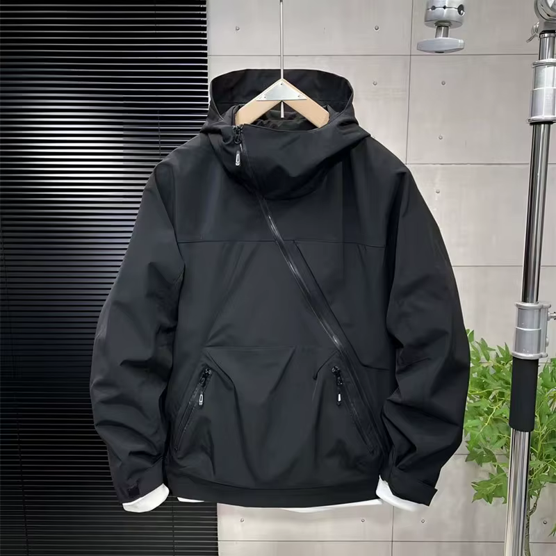 Veste pour hommes Harajuku vêtements de travail à la mode fermeture éclair diagonale à capuche coupe