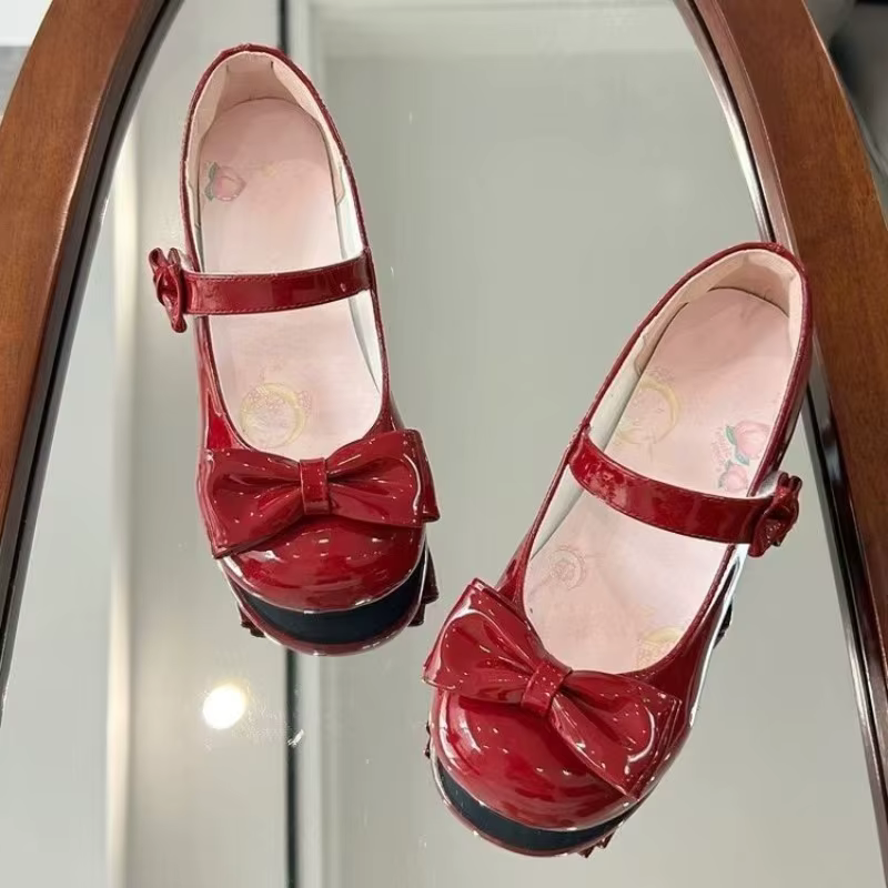 Chaussures Lolita Mary Jane pour femmes en cuir verni rose doux, avec grand nœud décoratif, platefor