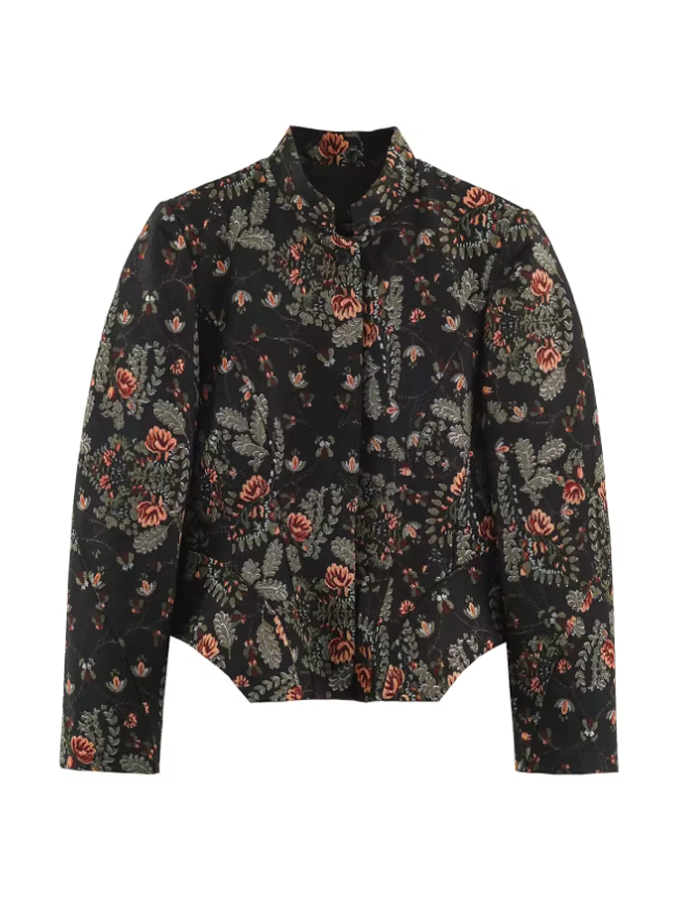 Veste courte à col en V avec manchettes en fausse fourrure et patchwork en jacquard floral, boutonna