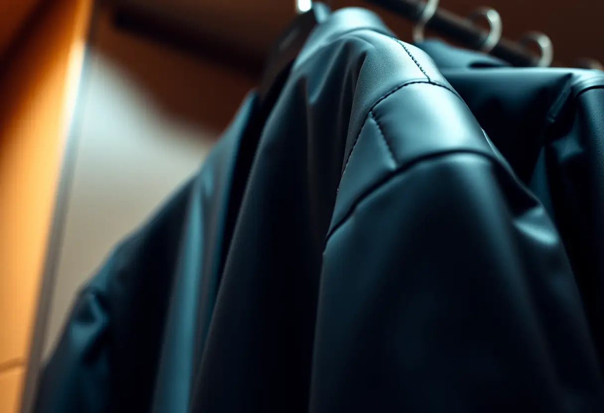 Prise rapprochée d'un manteau moderne accroché dans une armoire, soulignant son tissu synthétique lisse et ses lignes épurées
