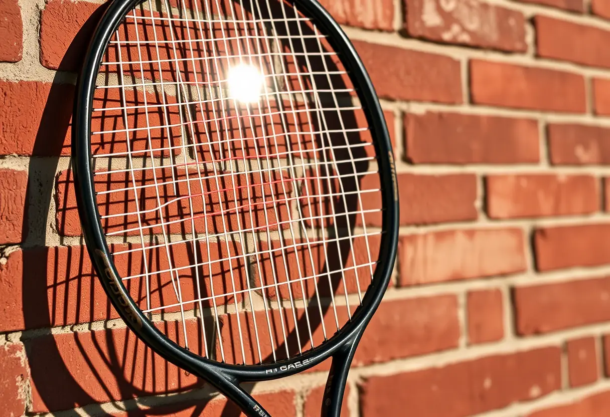 Une raquette de tennis appuyée contre un mur en brique, son manche en cuir usé éclairé par le soleil