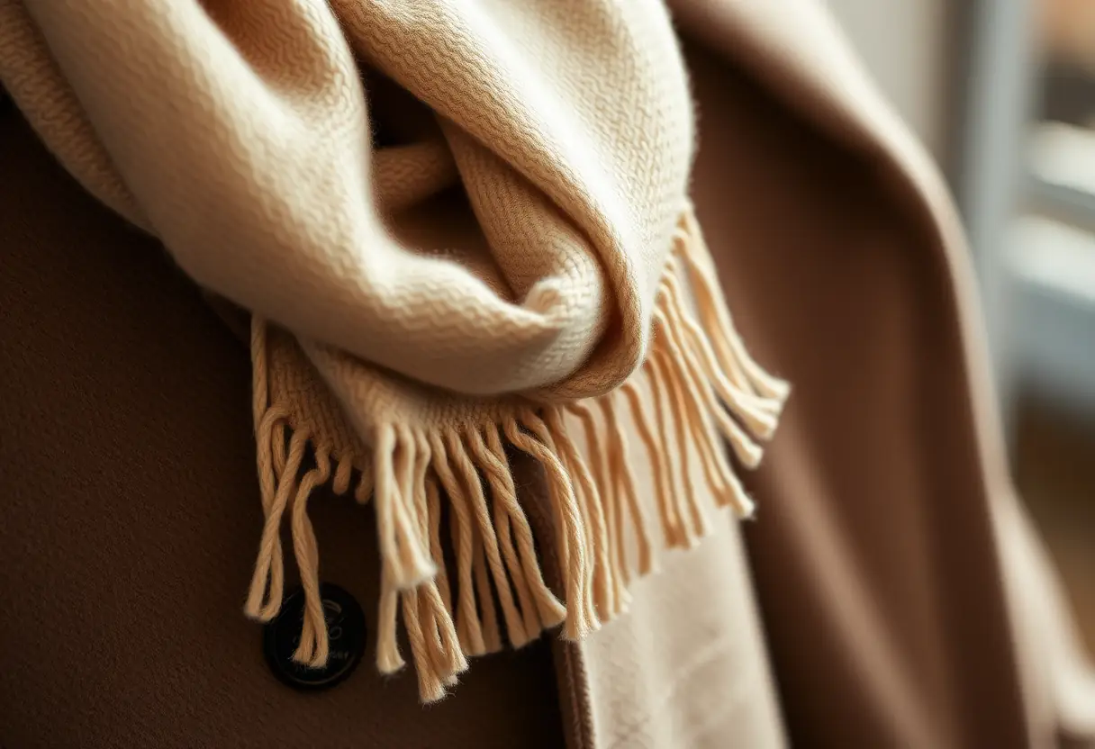 Un foulard en cachemire luxueux plié près d'un manteau long, mettant en valeur la douceur et le luxe des fibres naturelles
