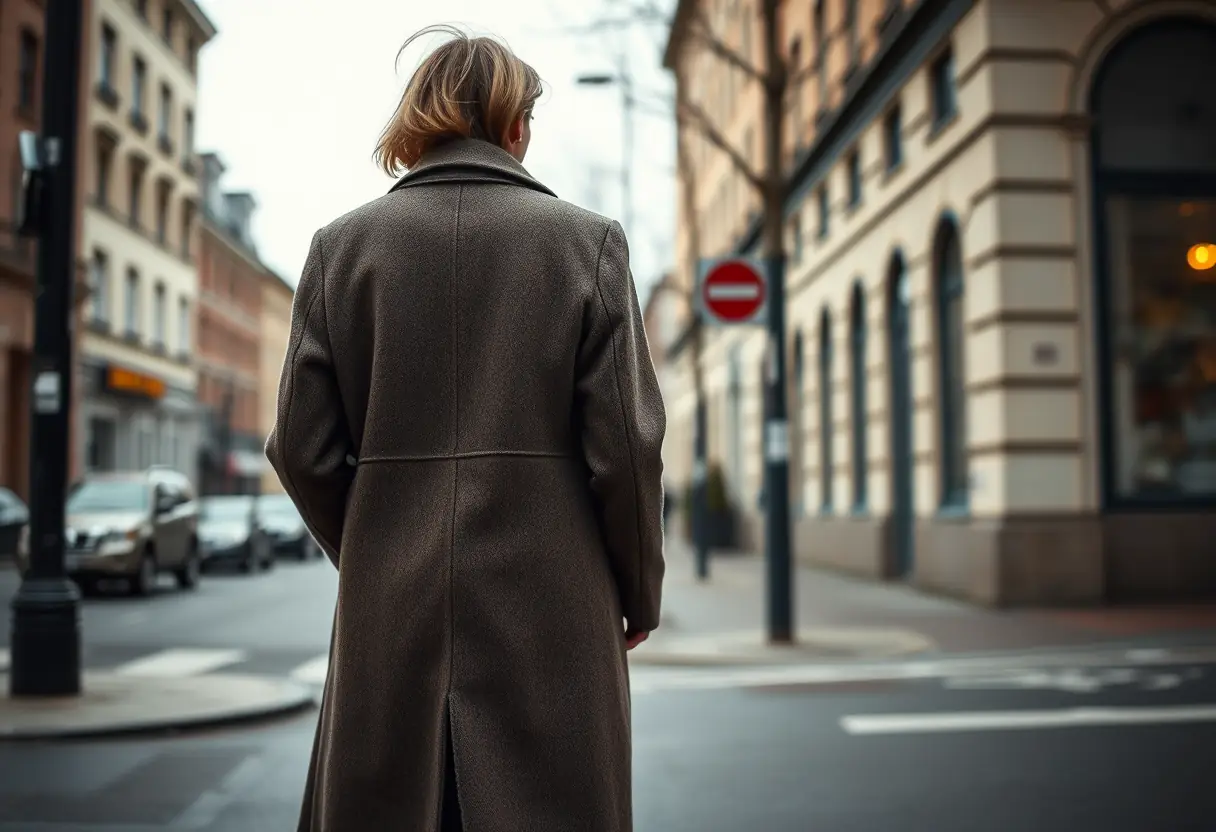 Une silhouette sur un coin de rue déserté, vêtue d'un long manteau en laine