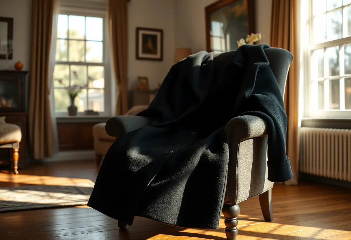 Un manteau noir posé sur une chaise dans un salon accueillant, éclairé par la lumière du jour