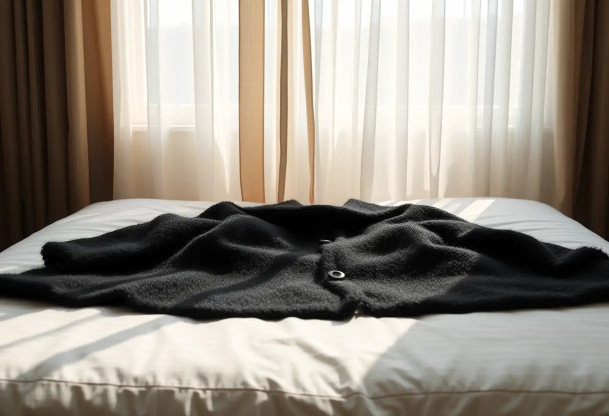 Un manteau noir en laine posé sur un lit, éclairé par la lumière tamisée à travers des rideaux transparents