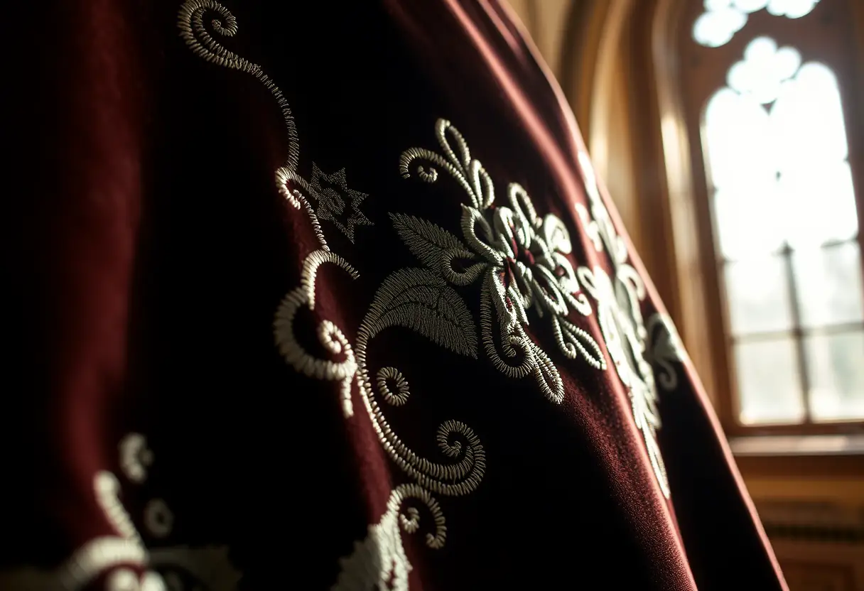Un zoom sur l'embroidery complexe d'un manteau en velours luxueux éclairé par la lumière du jour