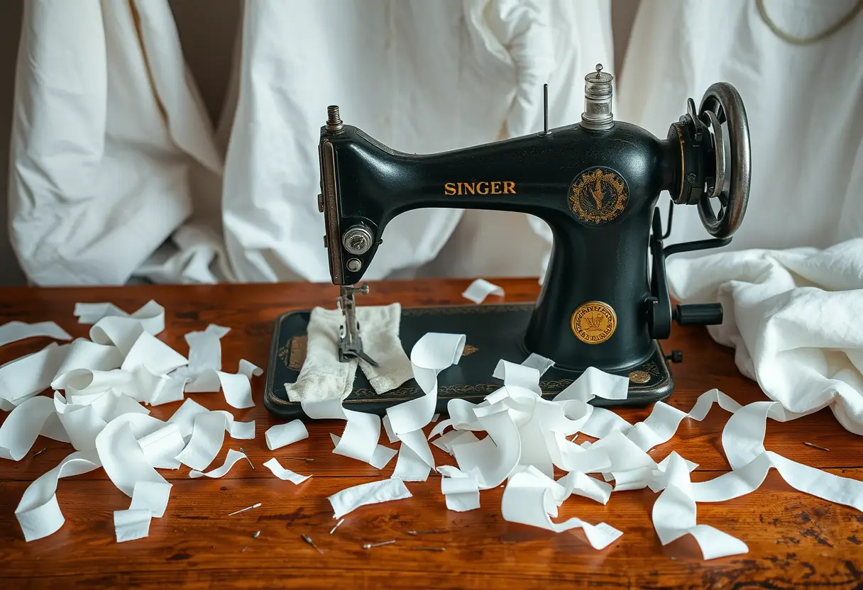 Une machine à coudre ancienne posée sur une table avec des copeaux de tissu blanc, évoquant la confection d'un manteau
