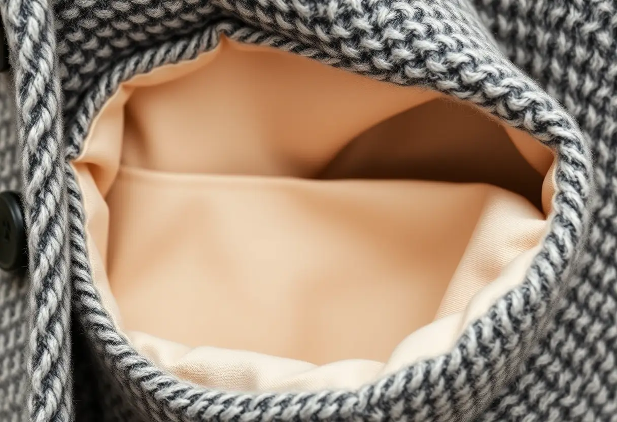 Un plan rapproché de la poche intérieure d'un manteau bouclé, montrant l'espace de rangement pratique