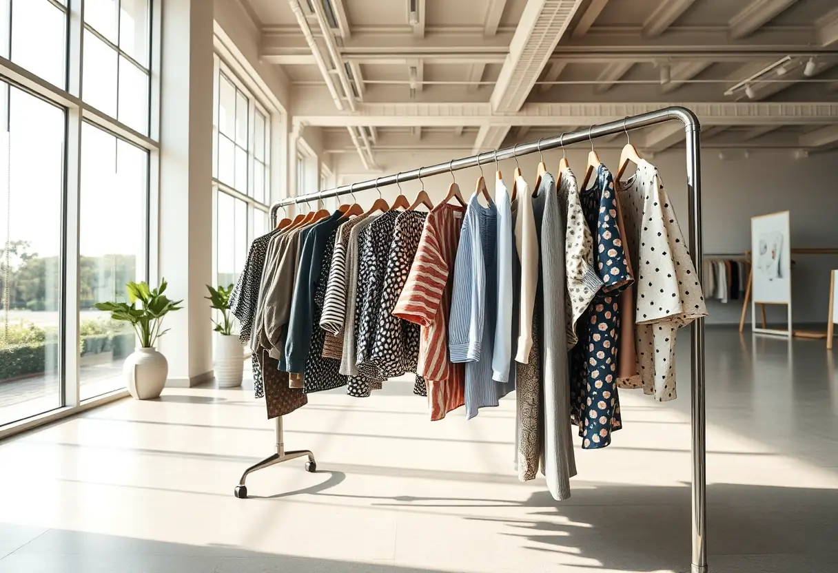 Vue d'une boutique spacieuse avec des manteaux soigneusement pliés