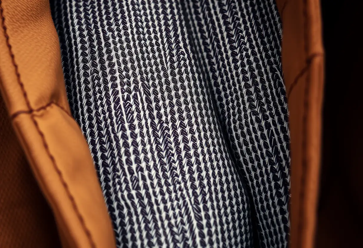 Un plan rapproché du motif de trame à l'intérieur d'un manteau couleur camel, soulignant la qualité artisanale