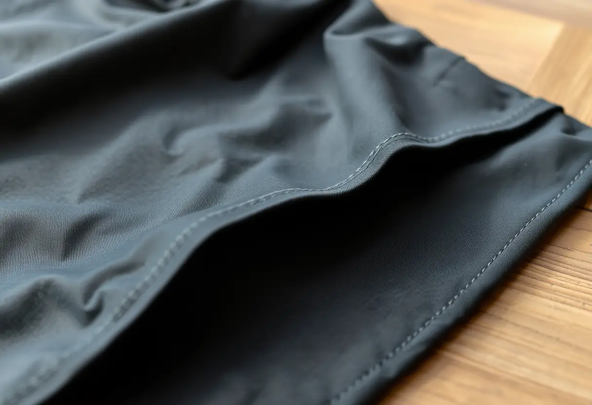 Broderie sur le bas d'un manteau cape synthétique sur une table en bois