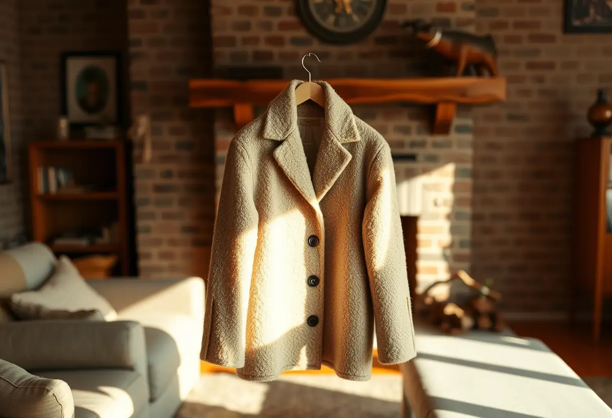 Manteau en laine accroché sur un porte-manteau en bois dans un salon accueillant, lumière douce du foyer