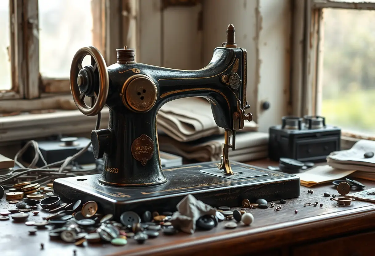 Machine à coudre ancienne sur un bureau, guide des manteaux courts