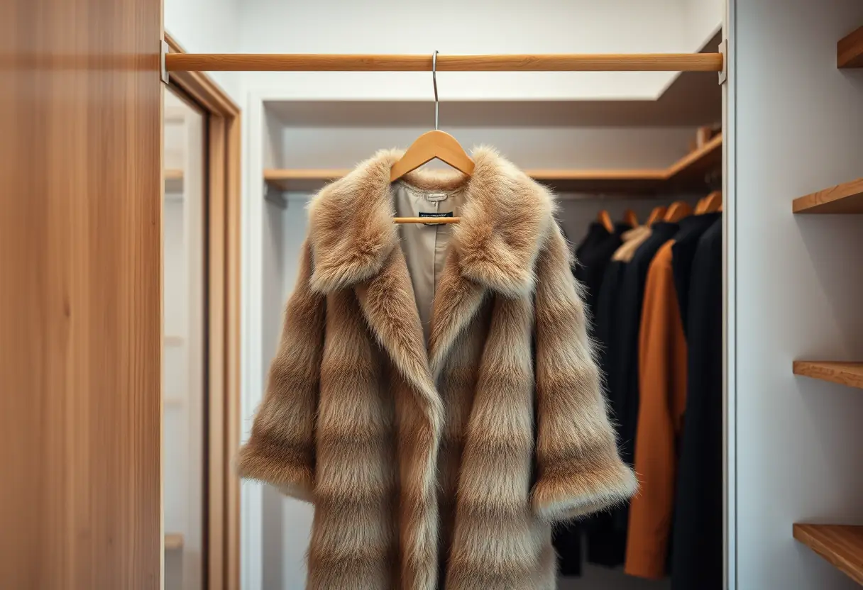 Un manteau court effet fourrure accroché à un cintre dans une armoire bien éclairée