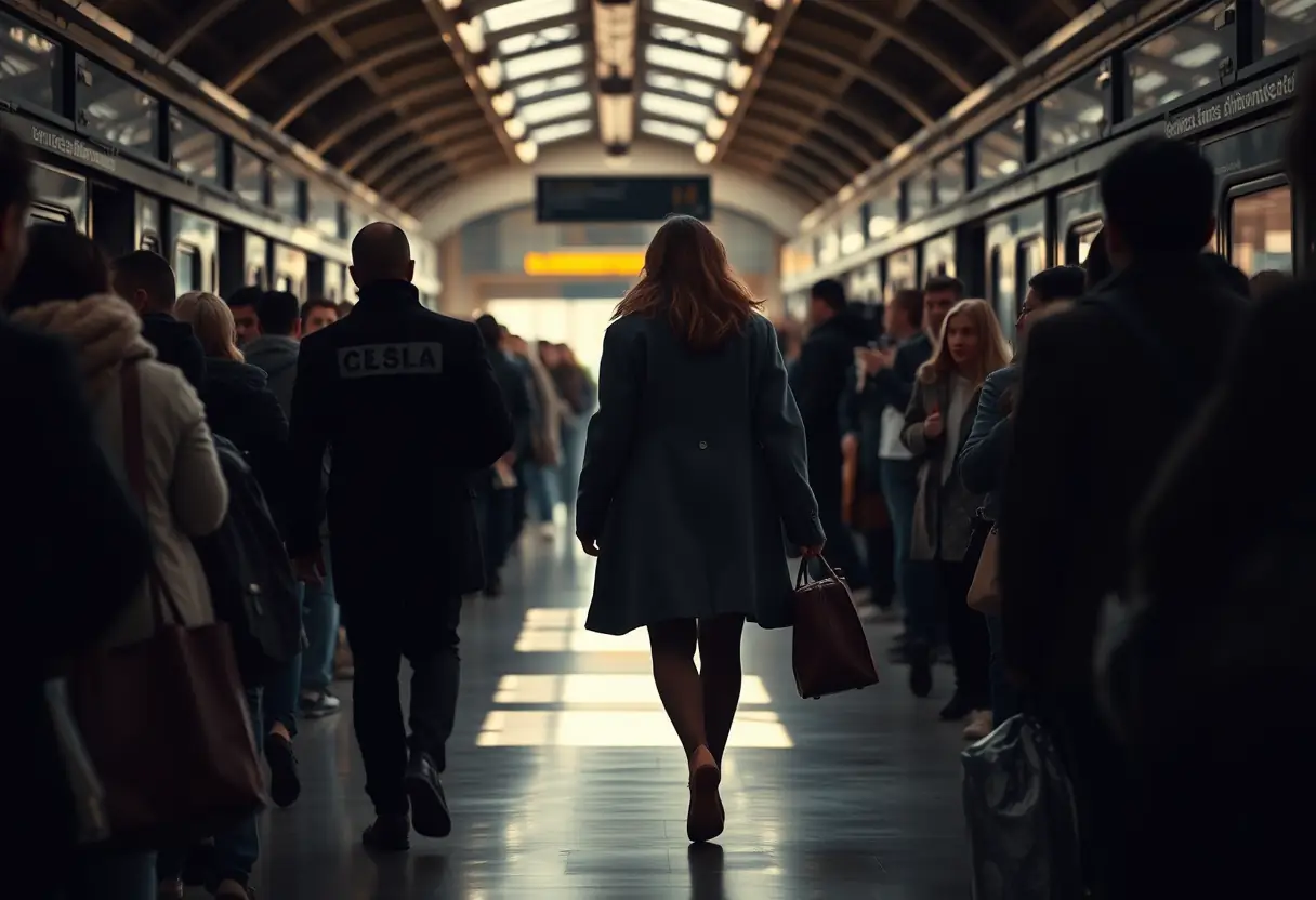 Un profil féminin se déplaçant rapidement dans une gare bondée, son manteau court soulignant le confort et la praticité