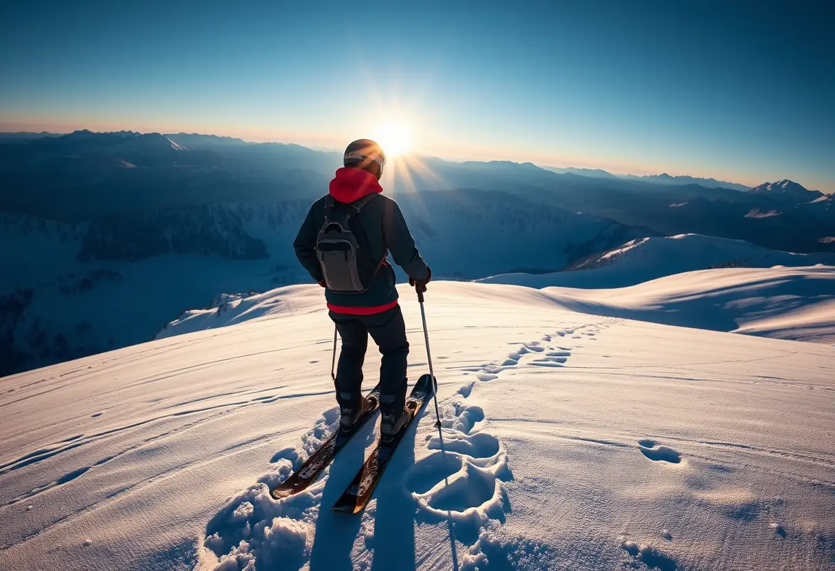 Un skieur vu de dos se tient au sommet d'une montagne, le soleil levant jette des ombres sur la neige fraîche
