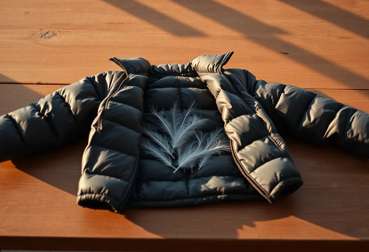 Un imperméable court posé sur une table en bois