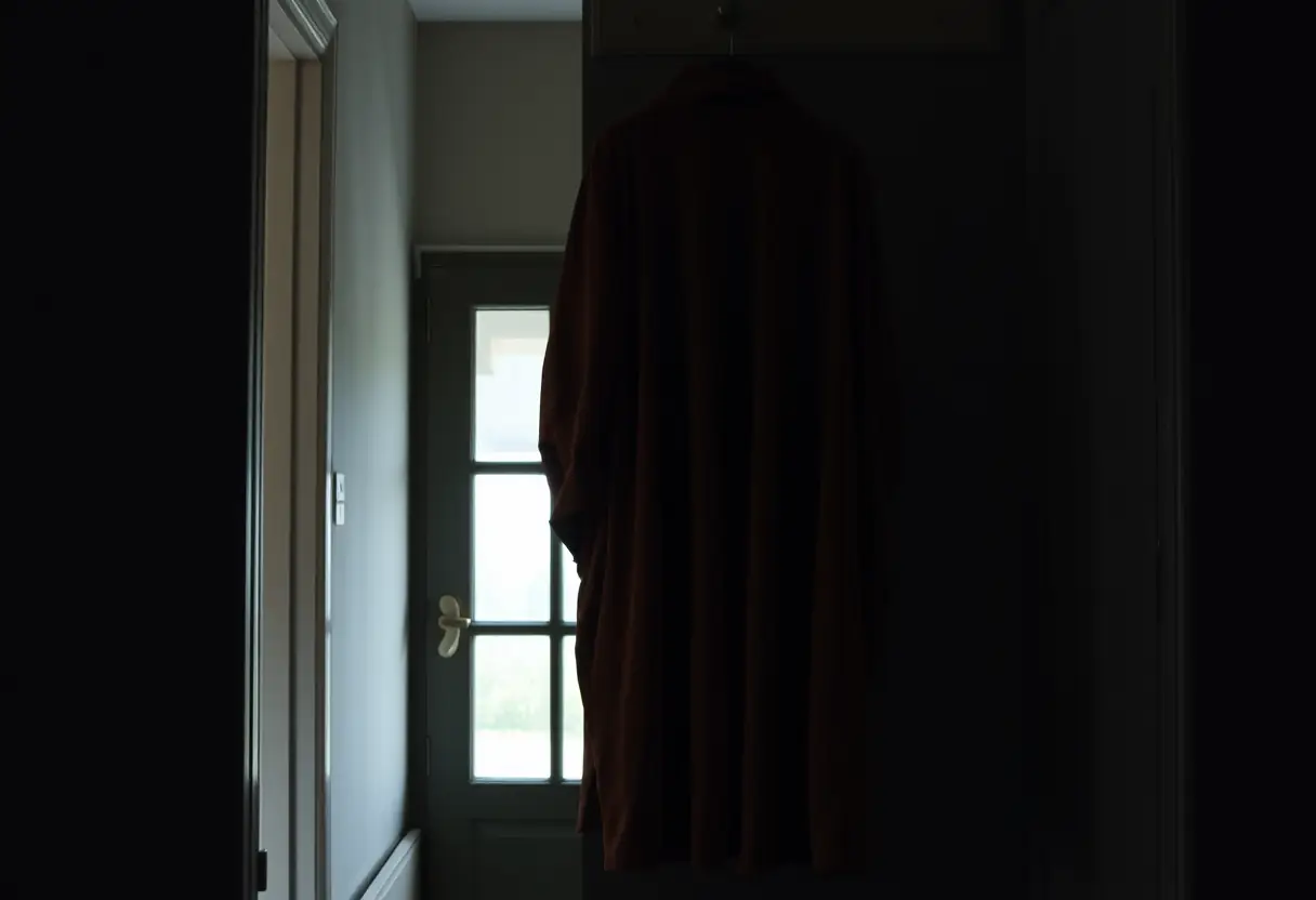 Vue d'ensemble d'un long manteau accroché à une patère dans un vestibule sombre, la soie luxueuse tombe en plis gracieux