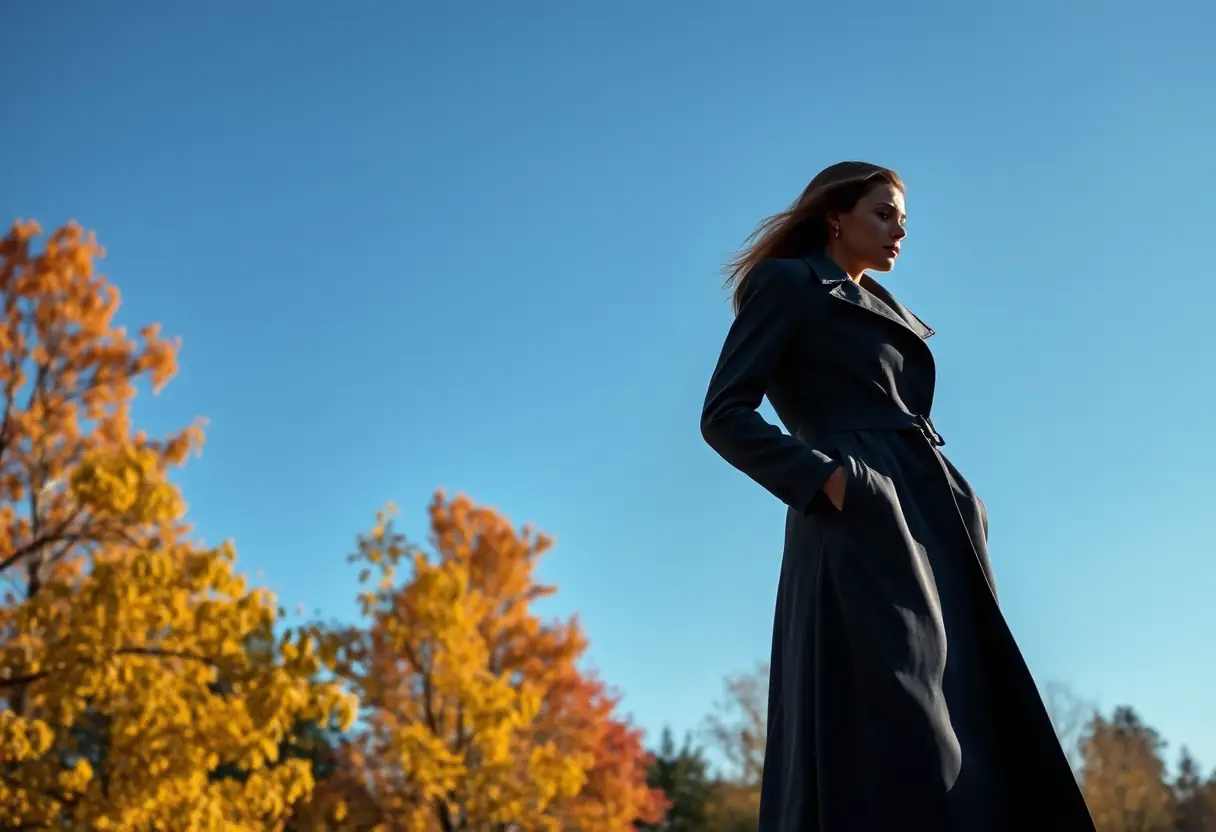 Un profil féminin en arrière-plan d'arbres d'automne, portant un long manteau gris