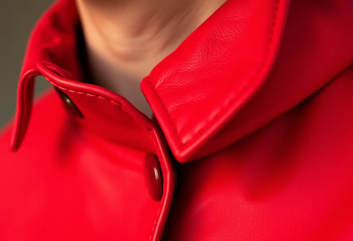Col rouge d’un manteau en cuir lisse