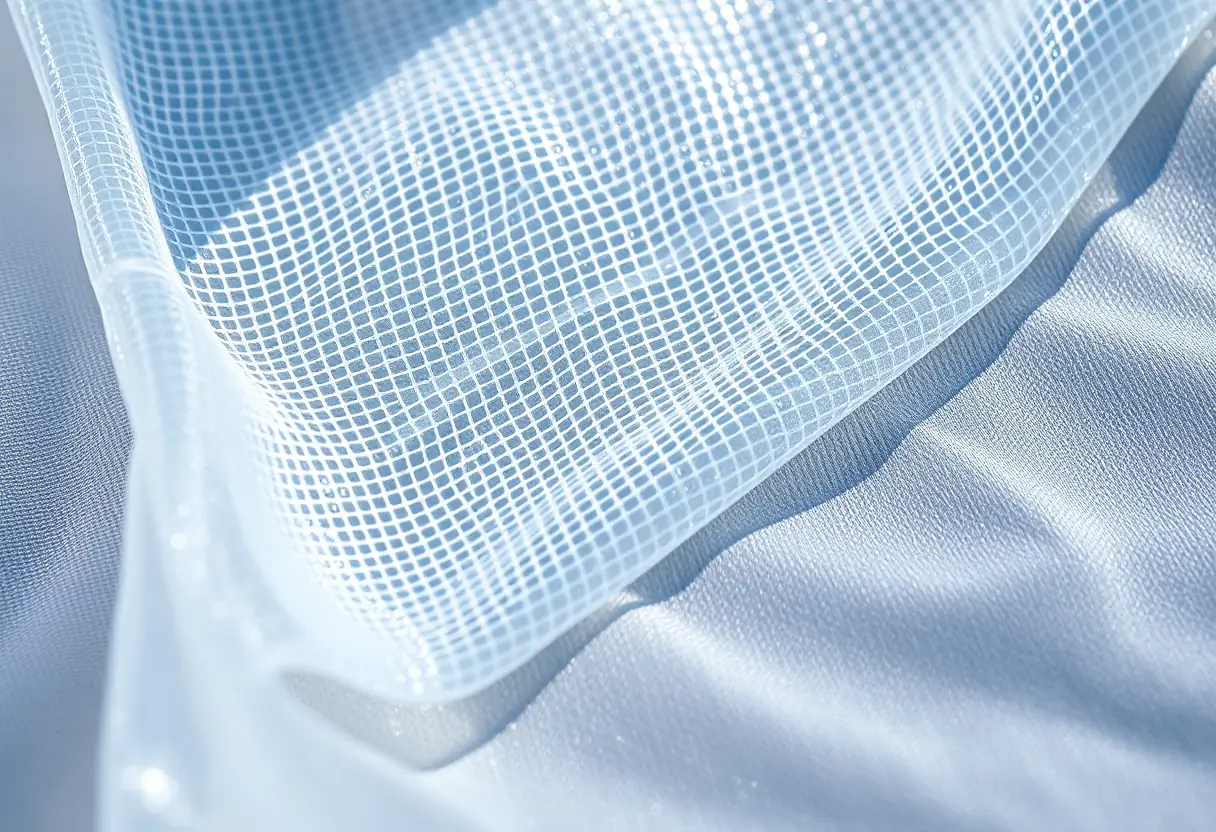 Prise de vue rapprochée d'une membrane hydrophobe posée sur un tissu technique en nylon
