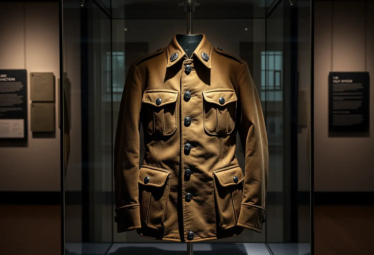 Une veste militaire ancienne exposée dans un cadre vitré au musée, lumière spot mettant en valeur ses détails