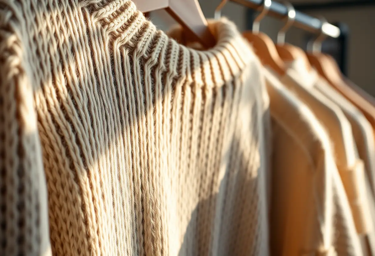 Un pull en laine suspendu sur un cintre, ses fibres captant la lumière, guide complet du manteau en lainage