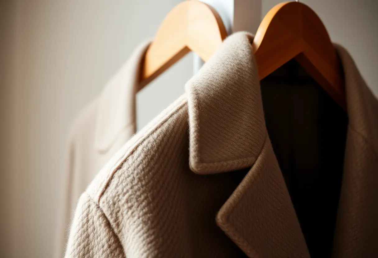 Manteau long en laine sur cintreuse en bois