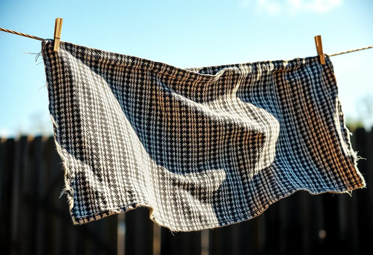 Échantillon de tweed accroché à une corde à linge, léger vent, guide du manteau marron