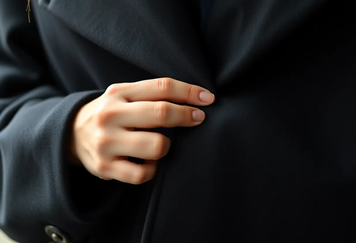 Une main qui coud délicatement un manteau noir