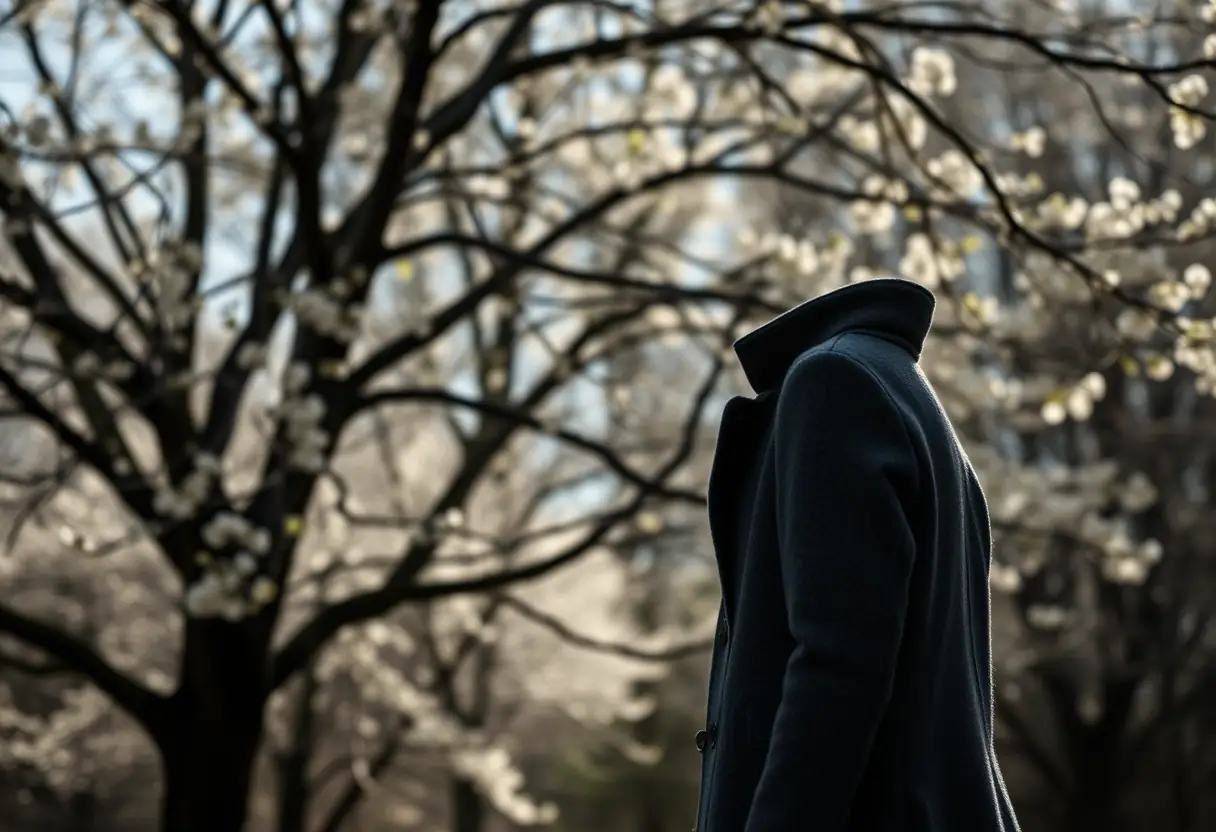 Silhouette féminine dans un manteau en laine structuré sous les arbres de printemps