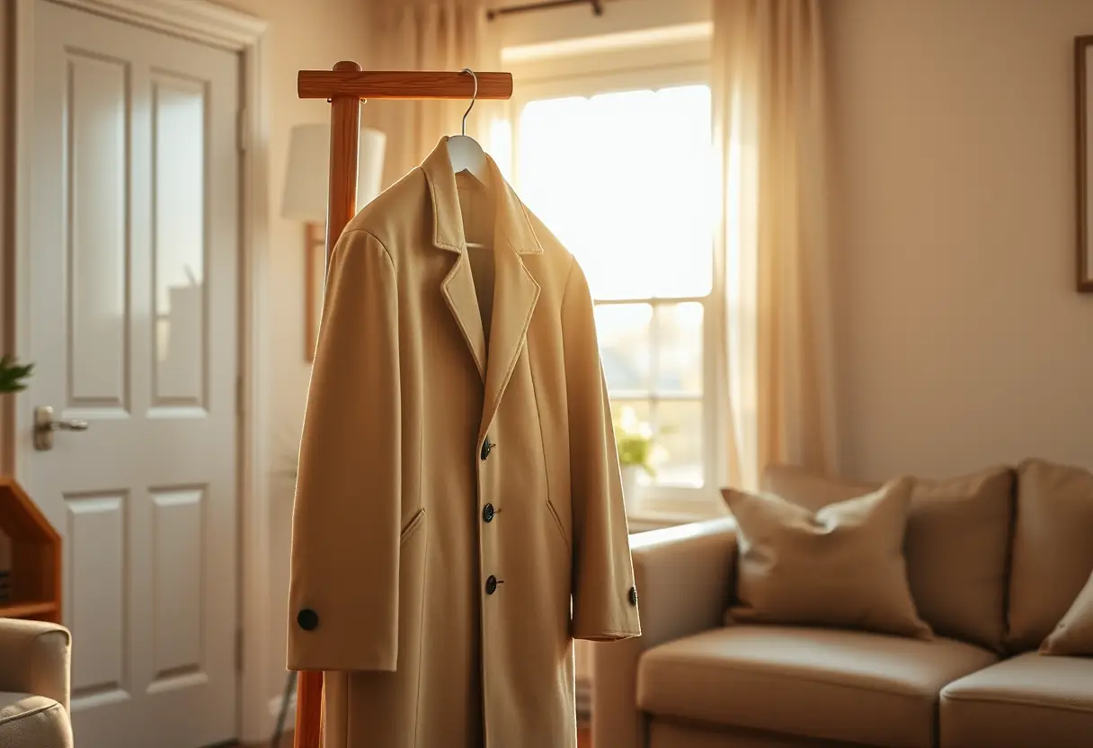 Un manteau beige accroché sur un porte-manteau en bois dans un salon lumineux
