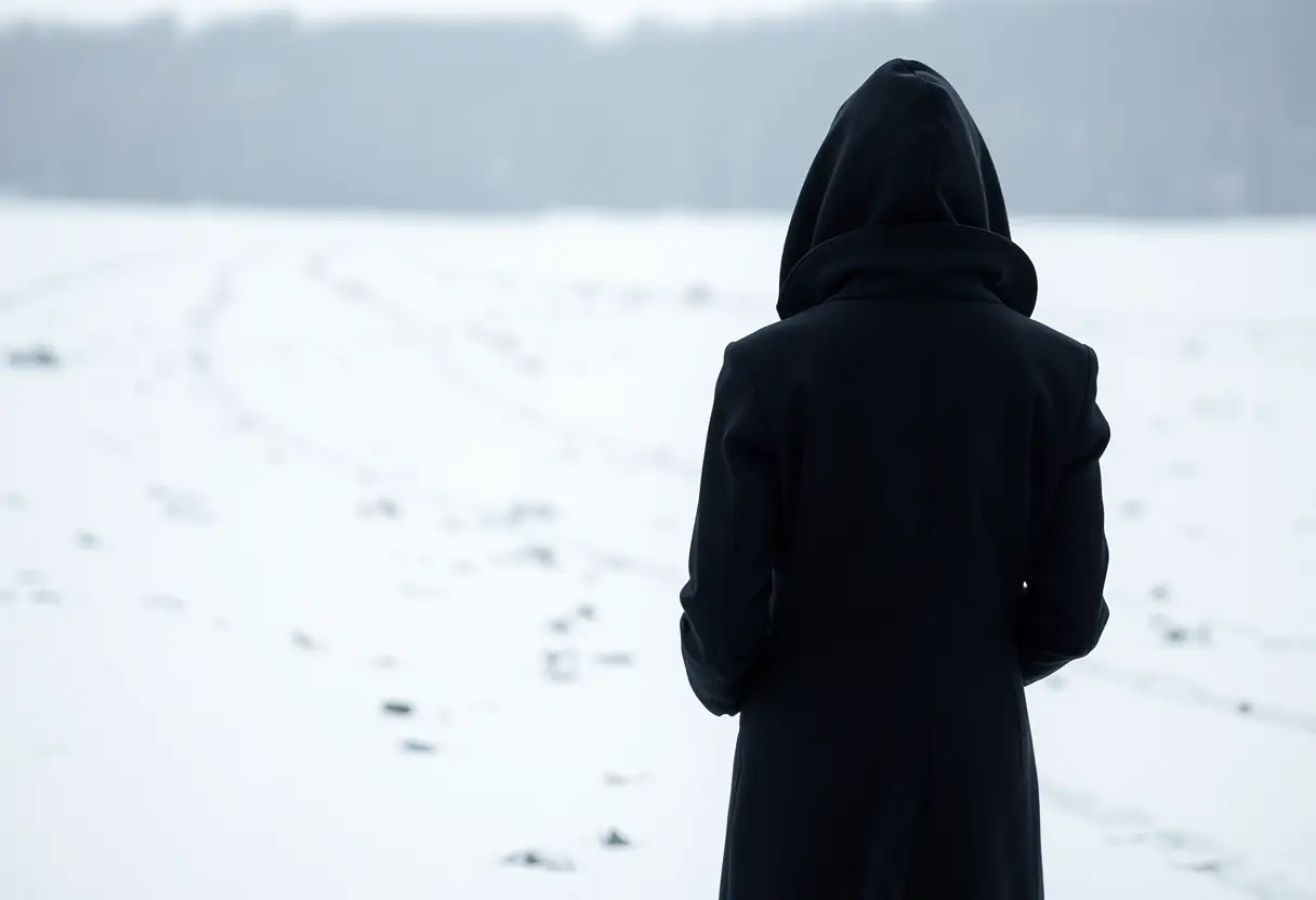 Silhouette d'une personne portant un manteau noir élégant dans un champ enneigé