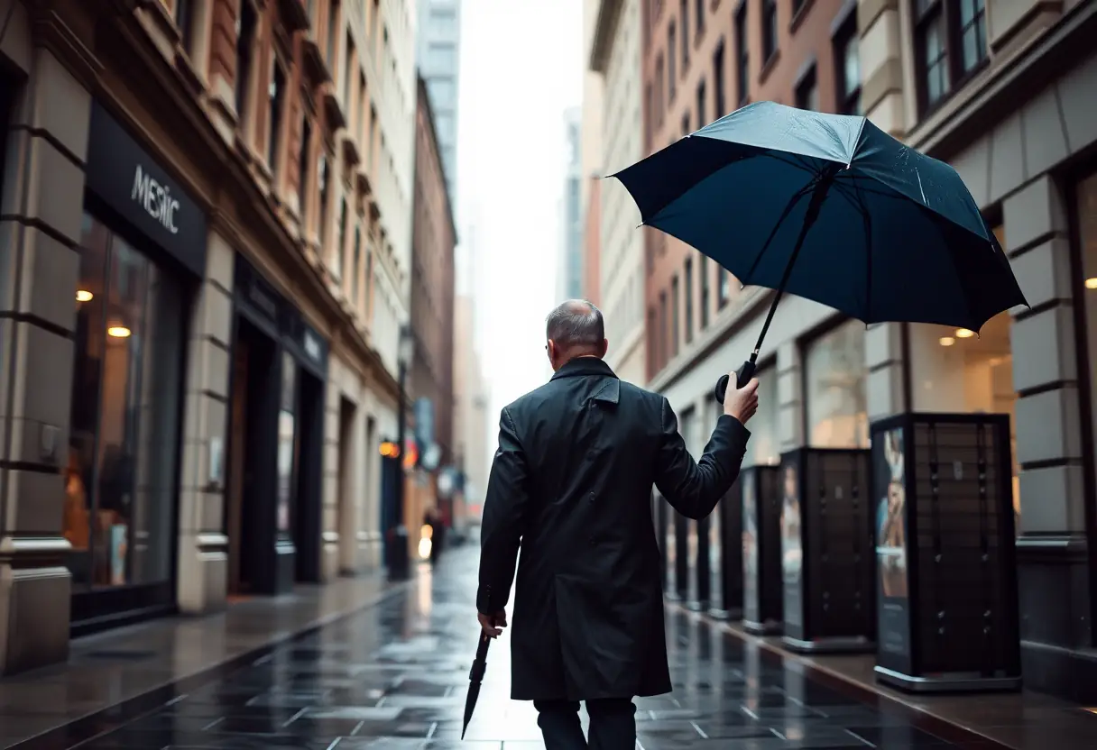 Un gentleman marchant sous un parapluie, vêtu d'un manteau imperméable