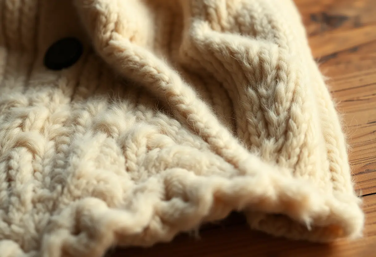 Fibres de laine naturelle tissées dans un manteau d'hiver, posées sur une table en bois sous la lumière du jour