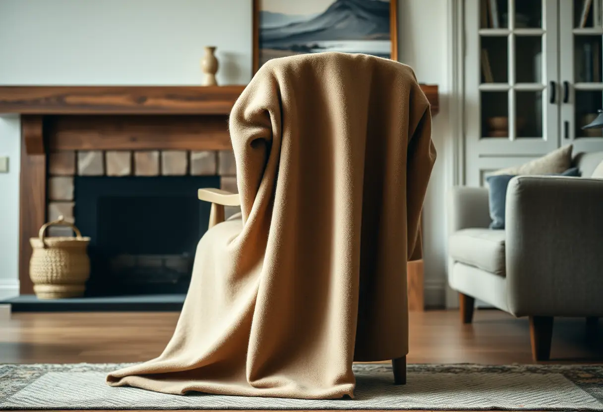 Un manteau long en laine posé sur une chaise dans un salon accueillant
