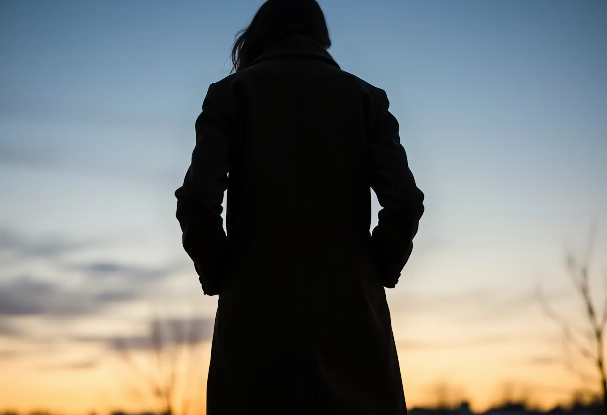 Un profil d'une femme dans un manteau en daim long avec ses multiples poches